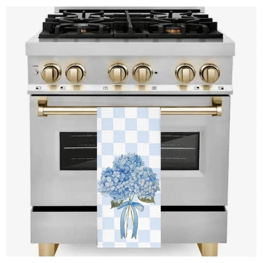 Gingham Check and Hydrangea Kitchen Hand Towel Light Blue 16” x 24”